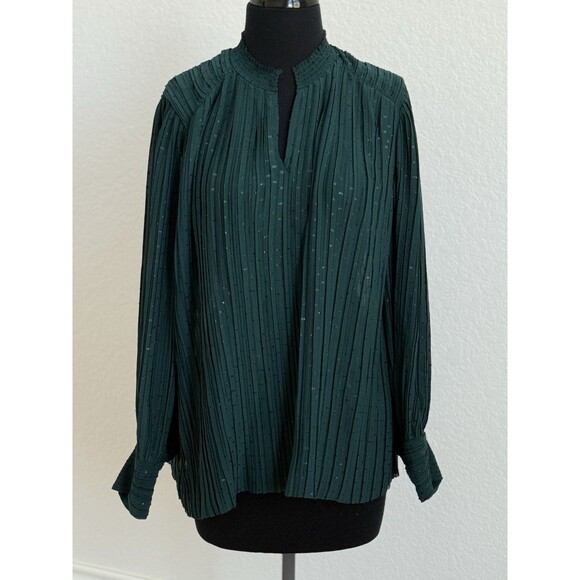 Chico’s Women’s 12 Emerald Green Shimmery Dot Chiffon V-Neck Blouse Long Sleeve - Picture 4 of 10